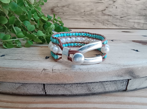 Wide Pearl & Howlite Bracelet