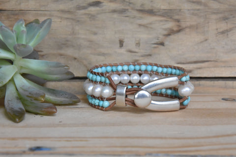 Wide Pearl & Howlite Bracelet