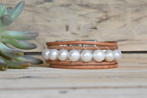 Wide Leather & Freshwater Pearl Bracelet