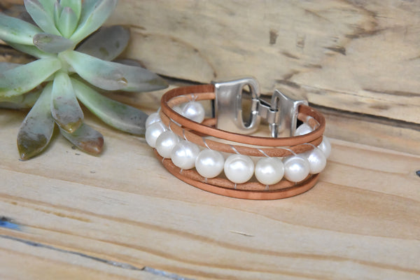 Wide Leather & Freshwater Pearl Bracelet