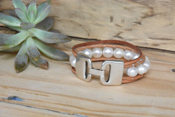 Wide Leather & Freshwater Pearl Bracelet
