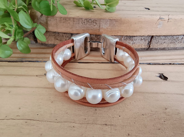 Wide Leather & Freshwater Pearl Bracelet