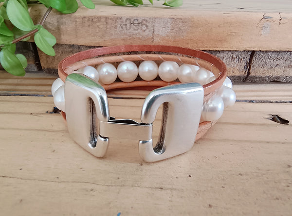 Wide Leather & Freshwater Pearl Bracelet