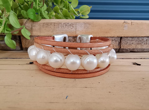 Wide Leather & Freshwater Pearl Bracelet